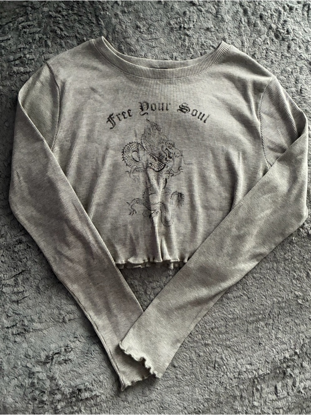 Forever 21 Gray Ribbed 'Free Your Soul' Cropped Long-Sleeve Top